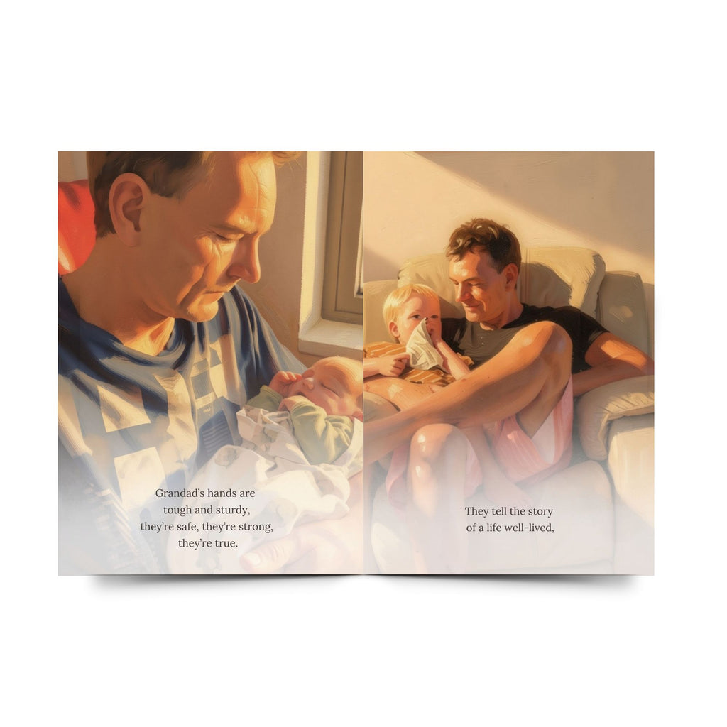 Open Grandad's Hands personalised keepsake book showing Grandad and his grandchild storybook illustration