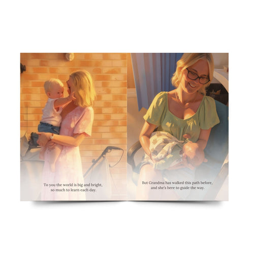 Open Grandma's Eyes personalised keepsake book showing Grandma and her grandchild storybook illustration