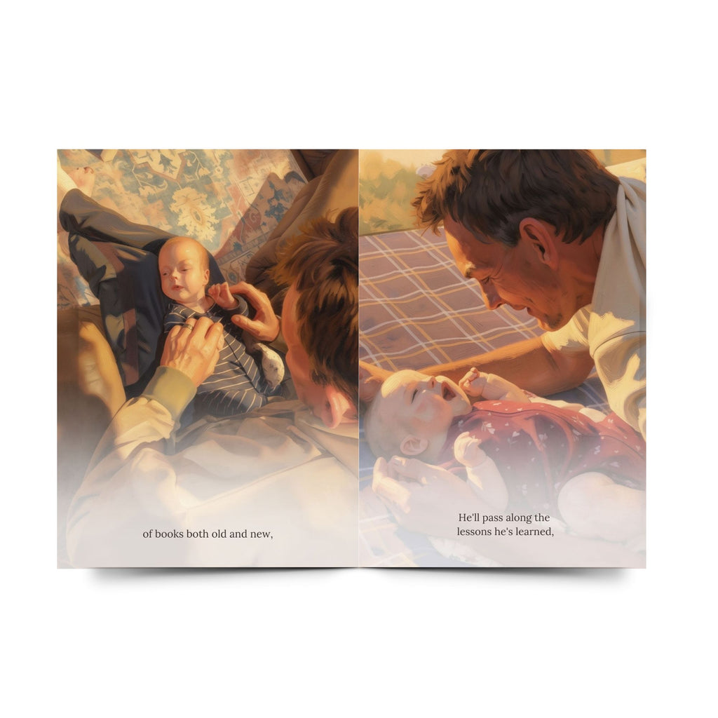 Personalised storybook showing illustrated family moments between Papa and their grandchild