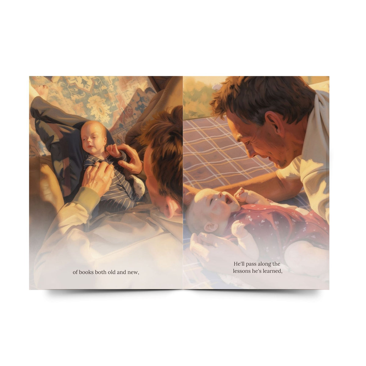 Personalised storybook showing illustrated family moments between Papa and their grandchild