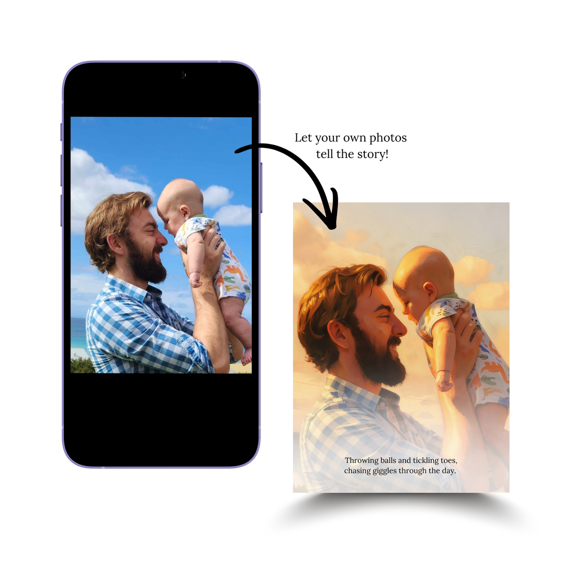 Family photo transformed into a storybook illustration of Daddy's arms