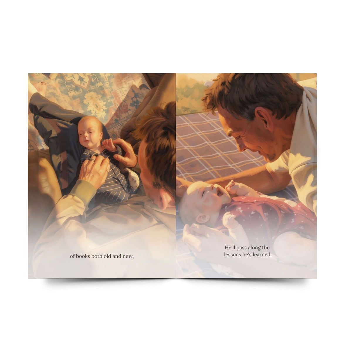 Personalised storybook showing illustrated family moments between grandad and their grandchild
