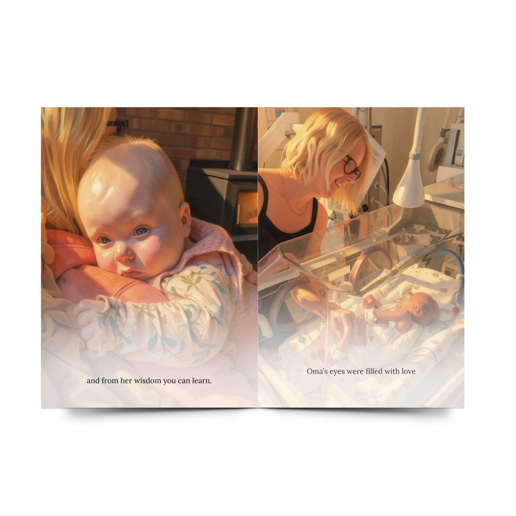 Personalised storybook showing illustrated family moments between Oma and their grandchild