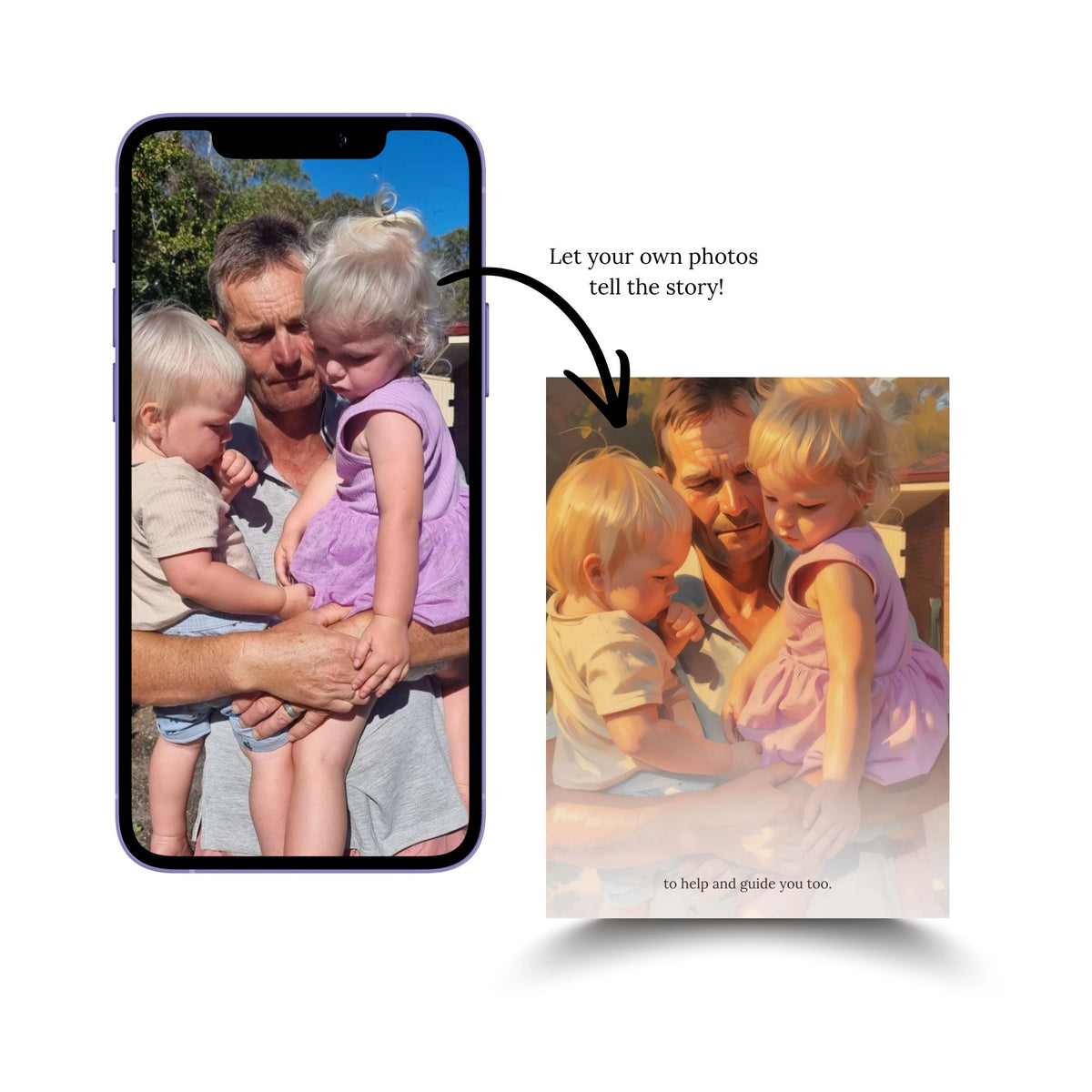 Family photo transformed into a storybook illustration for a personalised Papa's Hands keepsake book