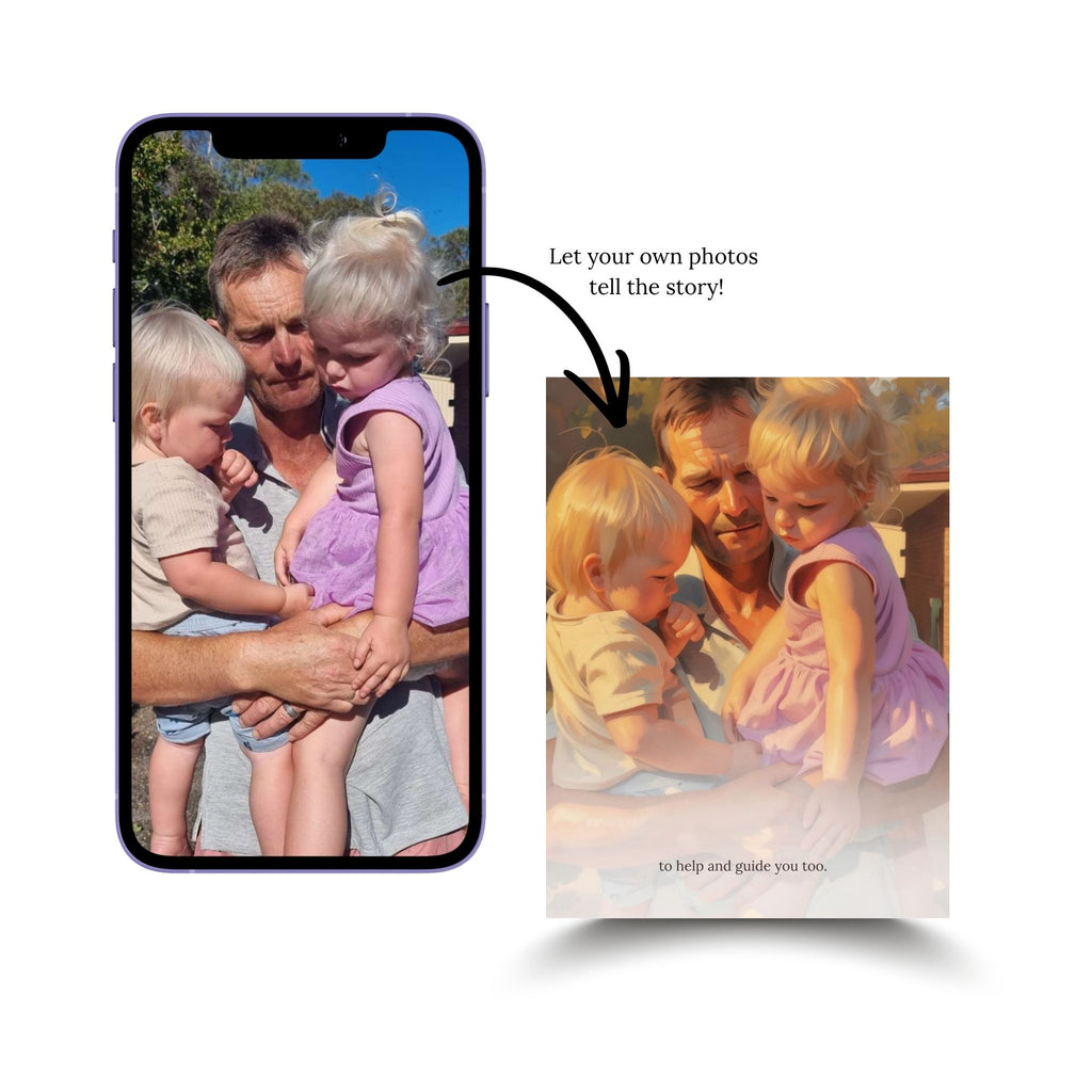 Family photo transformed into a storybook illustration for a personalised Opa's Hands keepsake book
