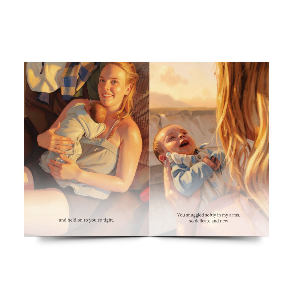 Open Mummy's World personalised keepsake book showing Mum and baby storybook illustrations