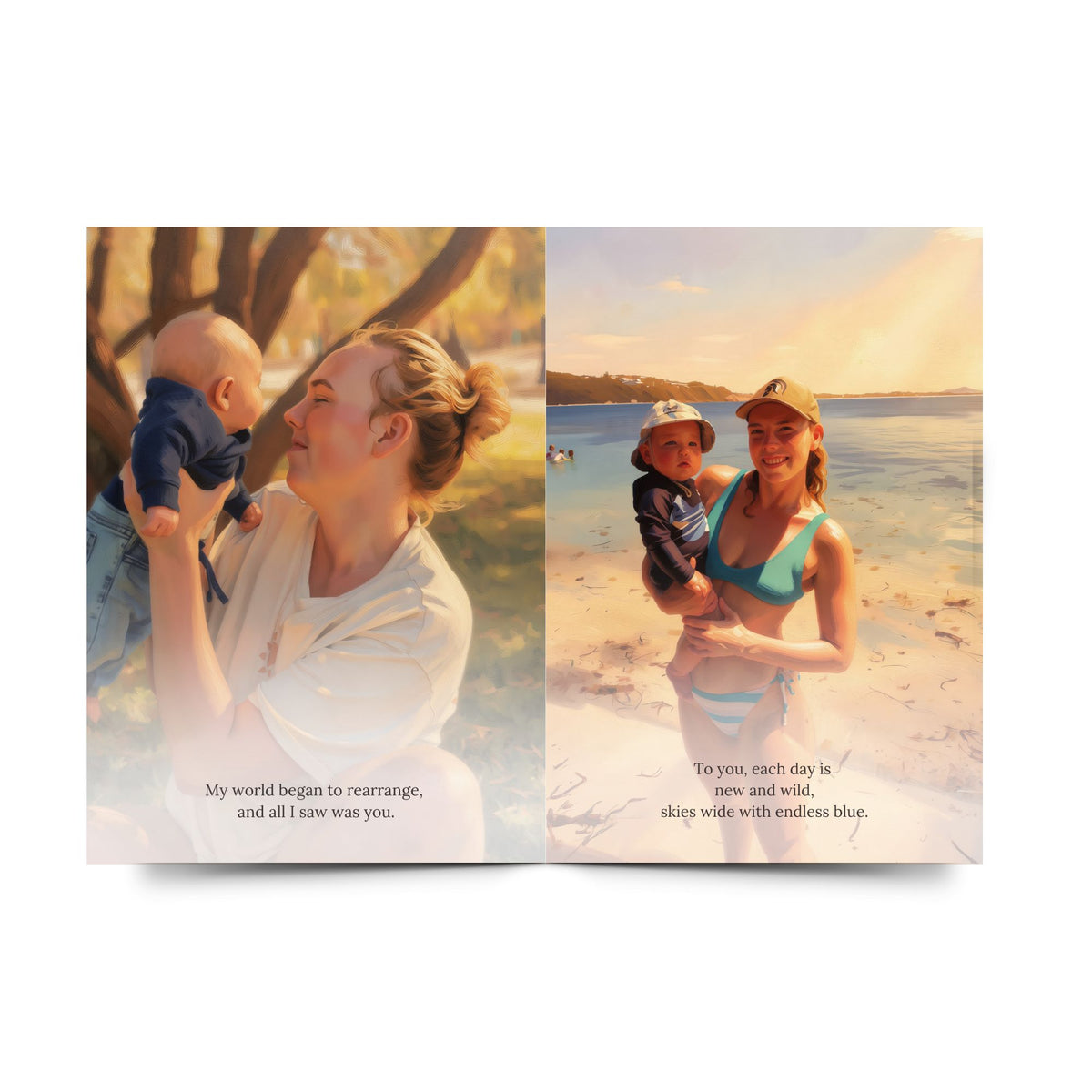 Open Mummy's World personalised keepsake book showing Mum and child storybook illustrations