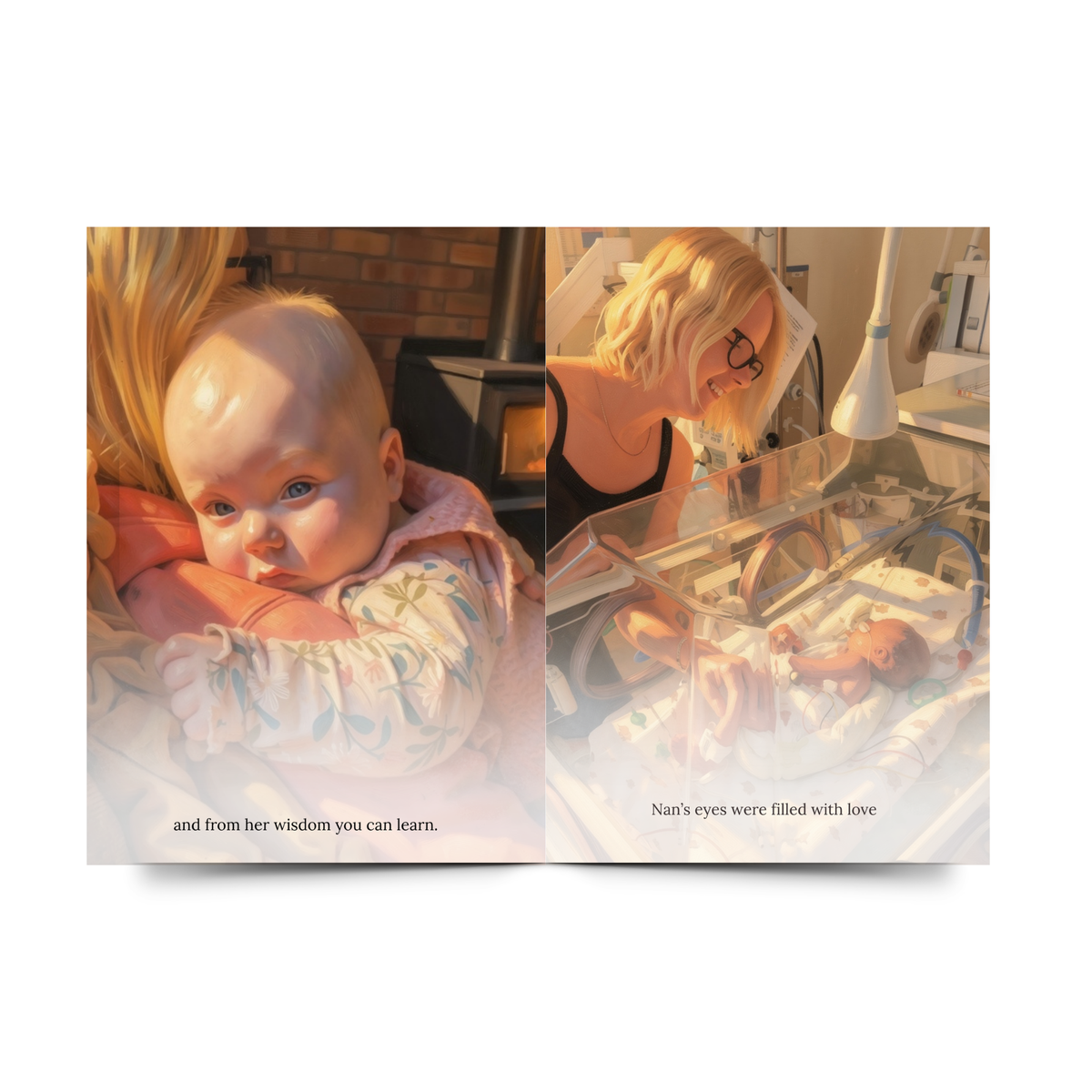 Personalised storybook showing illustrated family moments between Nan and their grandchild